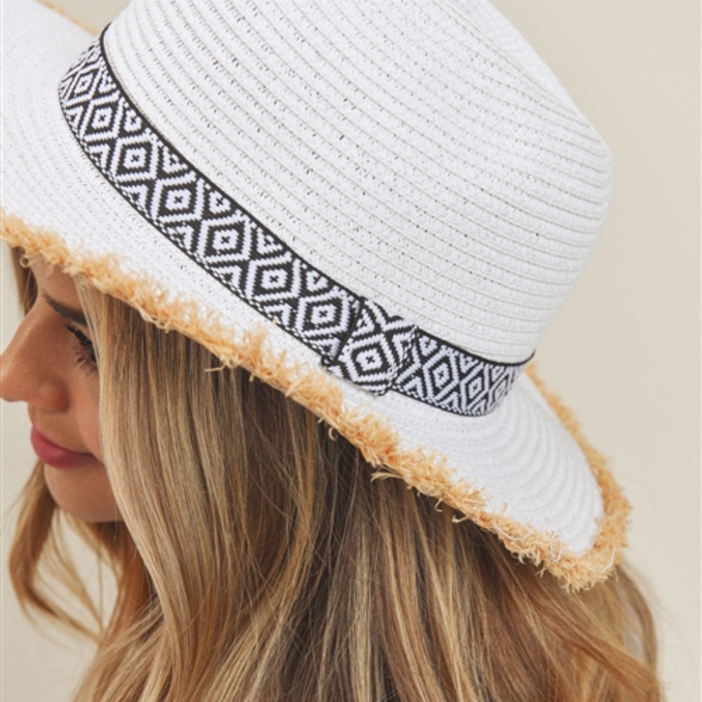#68 FRAYED TRIM AZTEC STRAW HAT - Picture 3 of 5